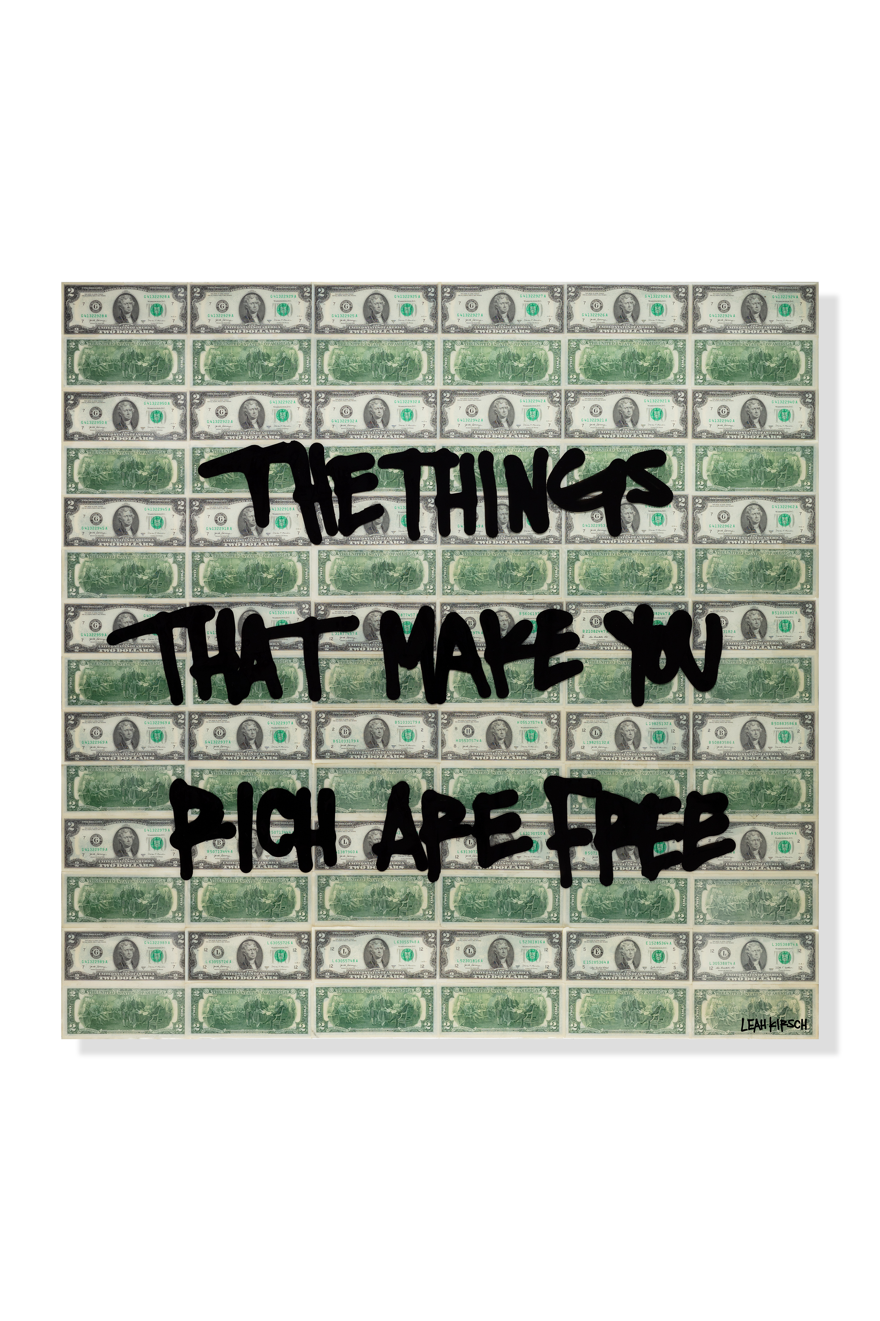 Text overlay on a pattern of dollar bills with motivational quote