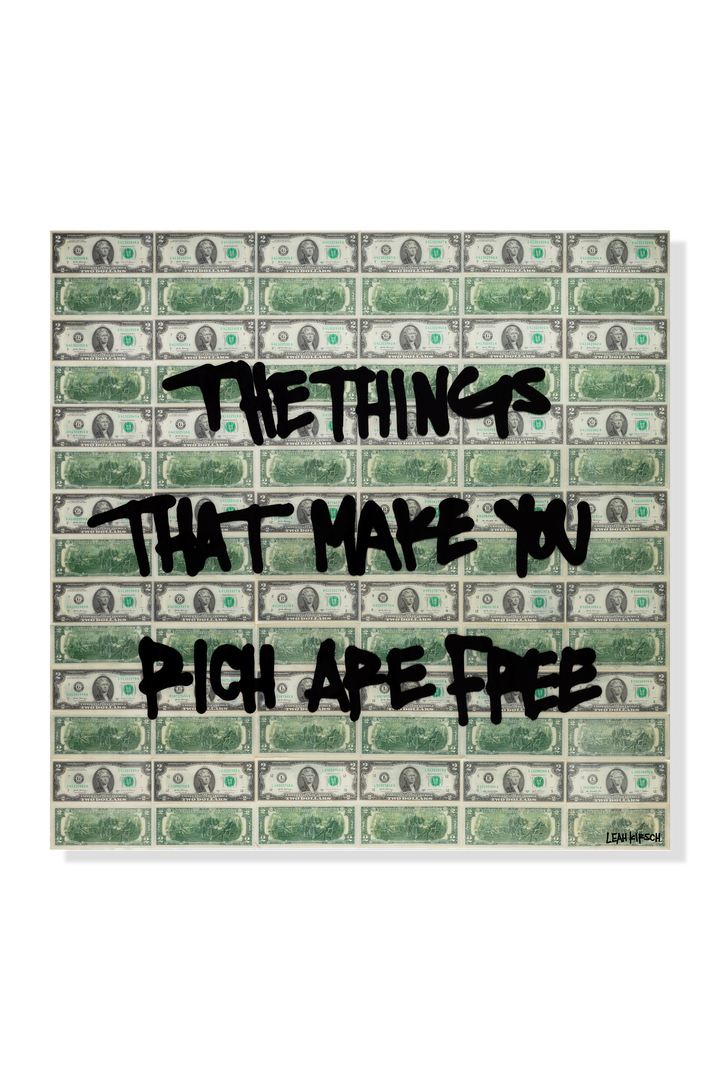 Text overlay on a pattern of dollar bills with motivational quote