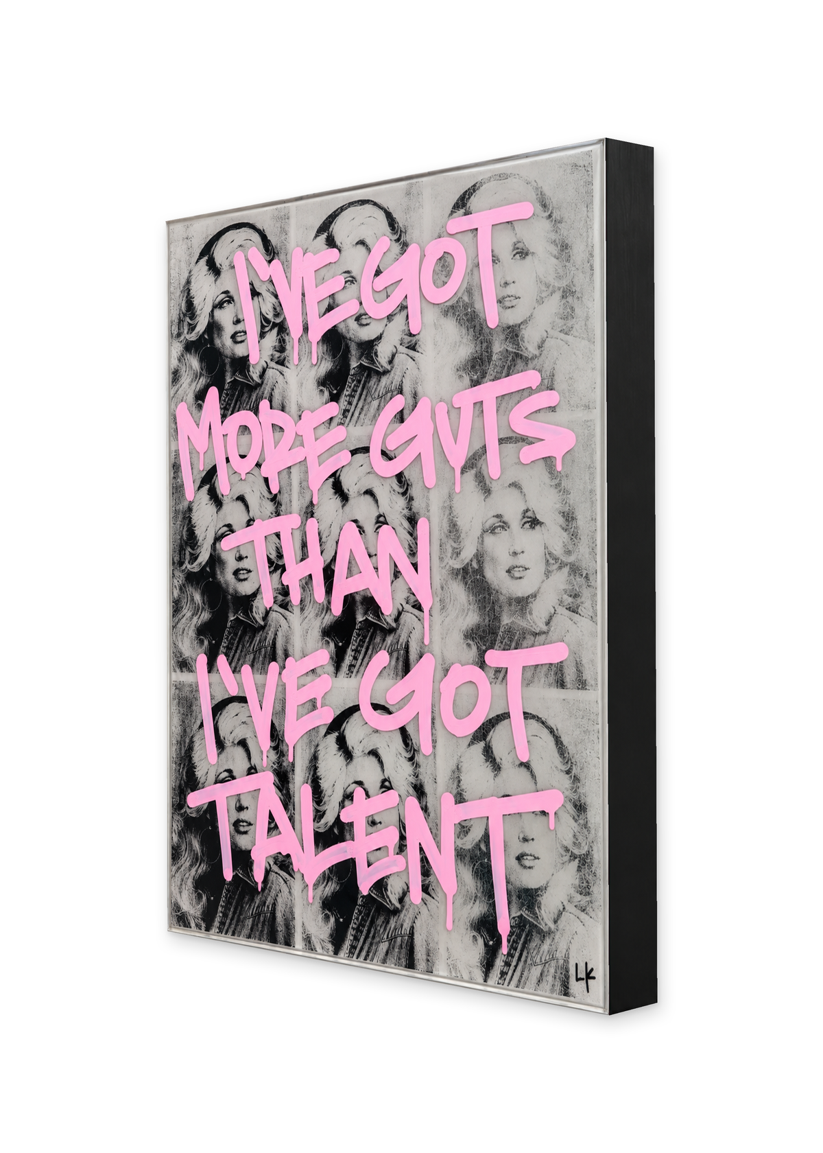 I've Got More Guts Than I've Got Talent x Dolly Parton — side-view mockup showing 1.5-inch black wood depth on white
